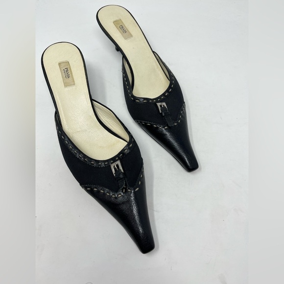 Vintage Prada Mule Heel black Leather and Canvas Buckle Pointed Toe size 37 - Picture 2 of 8